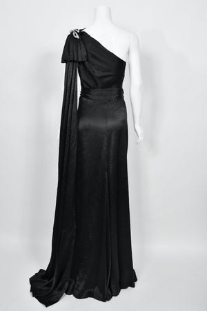 1930's Milgrim Couture Black Silk Rhinestone Deco-Bows Asymmetric Trained Gown