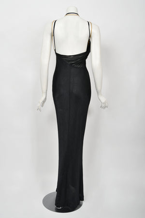 1998 Versace Couture Black Stretch Knit & Sheer Silk Cut-Out Hourglass Gown