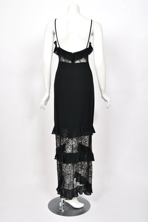 1994 Chanel by Karl Lagerfeld Cruise Collection Sheer Black Lace Ruffle-Trim Lingerie Gown