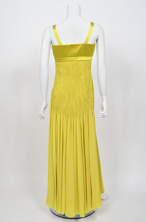 2005 Valentino Runway Chartreuse Yellow Silk Shelf-Bust Bustier High Slit Gown