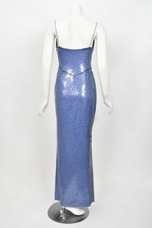 2000 Christian Dior by John Galliano Fully Sequin Ocean Blue Bias-Cut Slip Gown