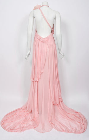 2008 Emanuel Ungaro Runway Blush-Pink Silk Floral Appliqué Trained Gown