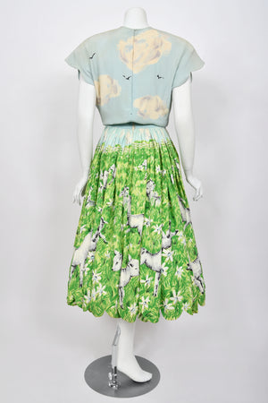 1942 Gilbert Adrian Iconic 'Gamboling Lambs' Scenic Print Scalloped Patio Dress