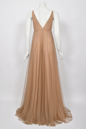 1998 Tom Ford for Gucci Runway 'Gisele' Nude Illusion Tulle Low-Cut Plunge Gown