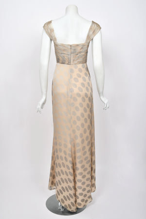 2008 Valentino Runway Polka-Dot Champagne & Silver Silk Ruched Cut-Out Gown