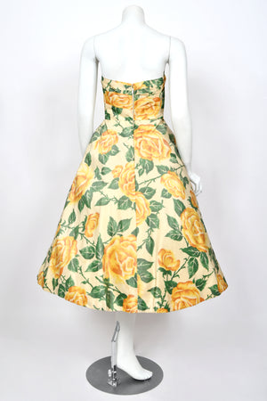 1950's Philip Hulitar Couture Yellow Roses Watercolor Silk Strapless Sculpted Party Dress