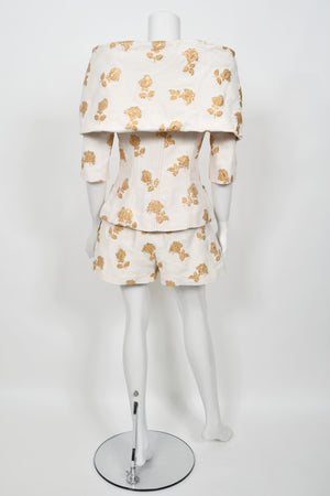 2013 Chanel by Karl Lagerfeld Documented Metallic Gold & Ivory Silk Brocade Jacket w/ Shorts