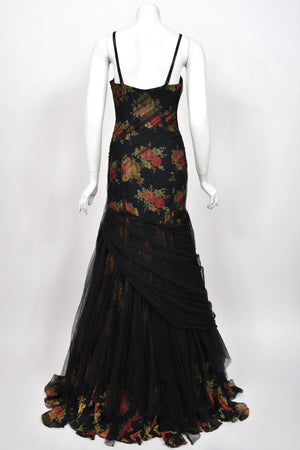 2010 Ralph Lauren Runway Metallic Floral Silk & Black Sheer Tulle Hourglass Mermaid Gown