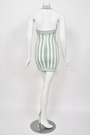 1992 Azzedine Alaia Runway Mint & Ivory Striped Stretch Knit Halter Bodycon Mini Dress