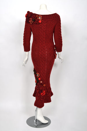 2005 Alexander McQueen Runway Burgundy Wool Knit Hourglass Sweater Dress