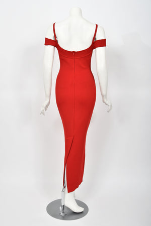1992 Azzedine Alaia Documented Red Stretch Knit Cold-Shoulder Bodycon Maxi Dress