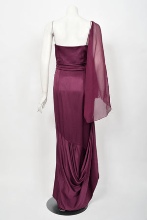 2000 Christian Dior by John Galliano Purple Silk Sheer-Sleeve Asymmetric Draped Gown