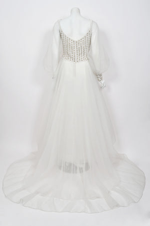 1972 Christian Dior Couture White Beaded Sheer Silk Billow-Sleeve Bridal Gown w/ Matching Veil