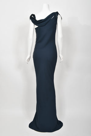 1998 Christian Dior by John Galliano Navy Blue Silk Draped Bias-Cut Evening Gown