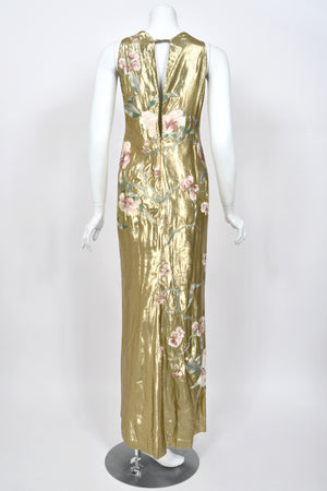 1997 Valentino Runway Metallic Gold Beaded Embroidered Floral Lamé Silk High Slit Column Gown