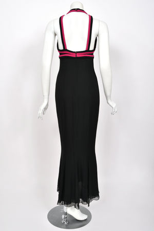 1994 Chanel by Karl Lagerfeld Black Sheer Silk Chiffon Pink Cashmere Trimmed Maxi Dress w/ Shawl