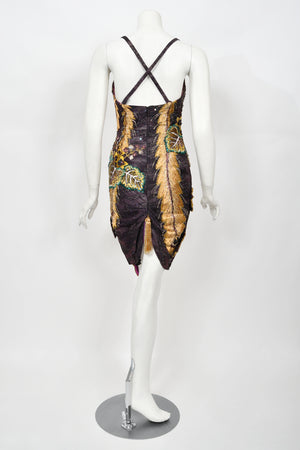 1970's Embroidered Peacock Motif Beaded Silk Couture Dance Dress