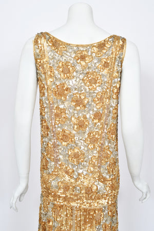 1920's French Couture Metallic Gold Beaded Sequin Cotton-Net Flapper Dress