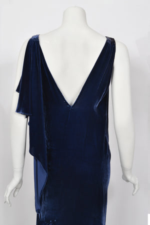 1930 Molyneux Haute Couture Documented Sapphire Blue Silk Velvet Bias-Cut Gown