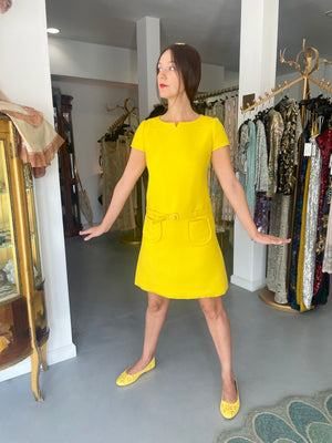 1968 André Courrèges Couture Yellow Wool Belted Space-Age Mod Dress