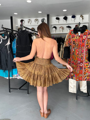 1987 Azzedine Alaia Documented Golden Print Silk Backless Halter Dress