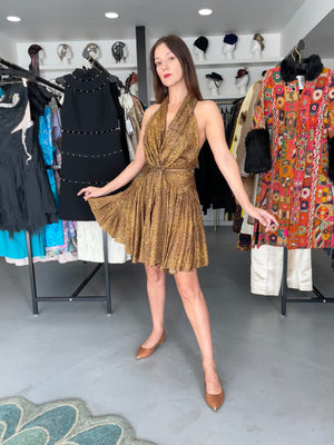 1987 Azzedine Alaia Documented Golden Print Silk Backless Halter Dress