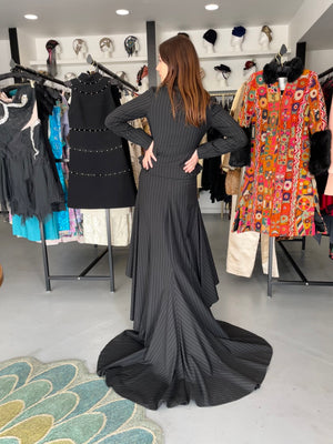 1994 Vivienne Westwood Pinstripe Wool Jacket & High-Low Trained Skirt Ensemble