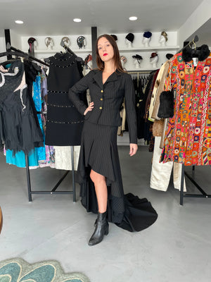 1994 Vivienne Westwood Pinstripe Wool Jacket & High-Low Trained Skirt Ensemble