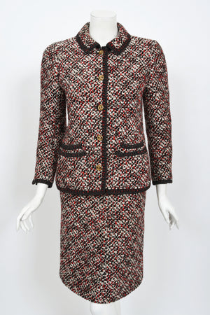 1973 Chanel Haute Couture Red Black Ivory Wool Tweed Jacket & Skirt Suit