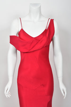 1994 John Galliano Ruby Red Off Shoulder Bias-Cut Gown Worn by Raquel Welch