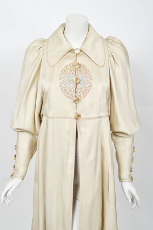 1973 Bill Gibb Couture Embroidered Ivory Satin Mutton-Sleeve Jacket & Vest