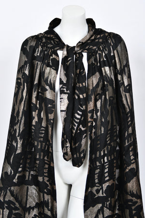 1920's Liberty & Co Couture Metallic Gold Lamé Silk Art-Deco Motif Cape