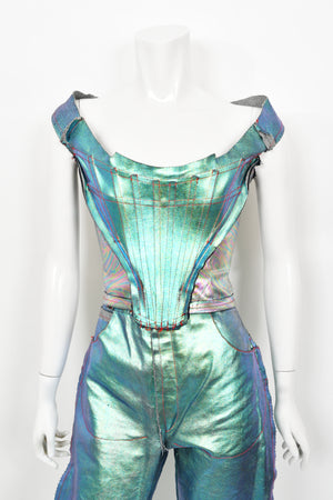 1993 Vivienne Westwood Runway Metallic Denim Corset Bustier Top & Pants