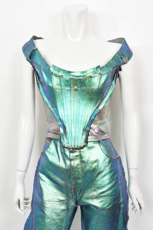 1993 Vivienne Westwood Runway Metallic Foiled Denim Corset Bustier & Matching Pants