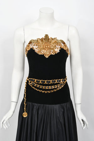1985 Chanel Documented Runway Metallic Beaded Gold Lamé & Black Silk Strapless Gown