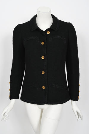 1973 Chanel Haute Couture Black Boucle Wool Logo Buttons Jacket Suit