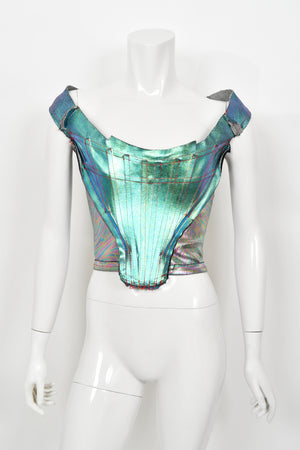 1993 Vivienne Westwood Runway Metallic Denim Corset Bustier Top & Pants