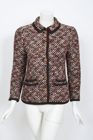 1973 Chanel Haute Couture Red Black Ivory Wool Tweed Jacket & Skirt Suit