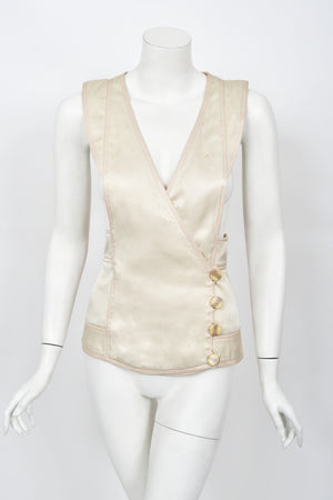 1973 Bill Gibb Couture Embroidered Ivory Satin Mutton-Sleeve Jacket & Vest