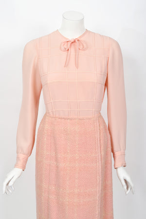 1973 Chanel Haute Couture Documented Pink Wool Jacket Blouse Skirt Three-Piece Suit