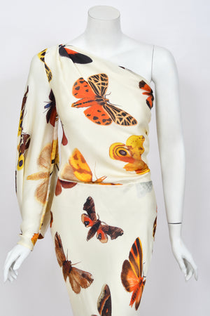 2007 Alexander McQueen Butterfly Motif Silk Asymmetric Billow Sleeve Bias-Cut Gown