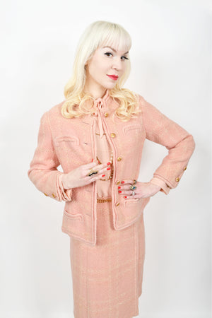 1973 Chanel Haute Couture Documented Pink Wool Jacket Blouse Skirt Three-Piece Suit