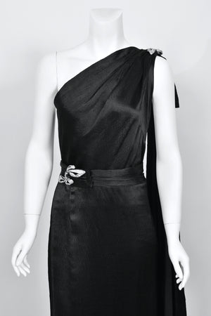 1930's Milgrim Couture Black Silk Rhinestone Deco-Bows Asymmetric Trained Gown