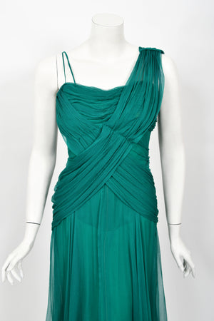 1958 Irene Lentz Couture Teal Green Draped Silk Grecian Goddess Gown
