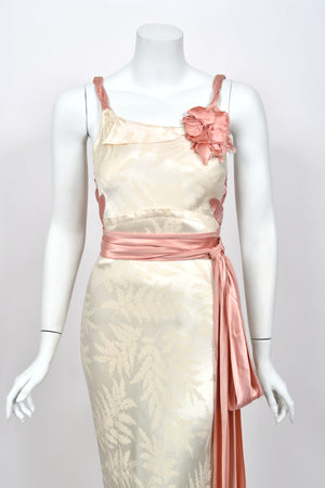1930’s Ivory Leaf Motif & Blush Pink Silk Satin Floral Appliqué Bias-Cut Trained Couture Gown