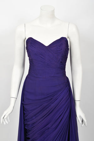 1950's Gigliola Curiel Couture Pleated Purple Silk Chiffon Strapless Goddess Gown