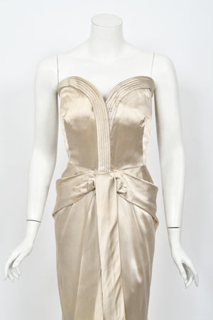 1950's Jacques Griffe Haute Couture Champagne Strapless Bustier Hourglass Gown