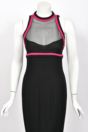 1994 Chanel by Karl Lagerfeld Black Sheer Silk Chiffon Pink Cashmere Trimmed Maxi Dress w/ Shawl