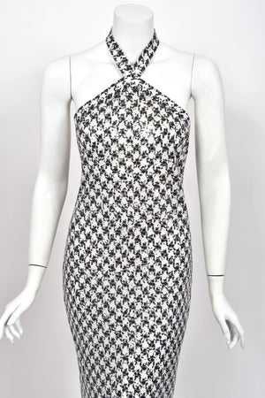1984 Chanel by Karl Lagerfeld Black & White Sequin Houndstooth Silk Bias-Cut Halter Gown