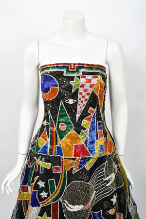1989 Gianni Versace Haute Couture Beaded Circus Novelty Strapless Gown and Shawl
